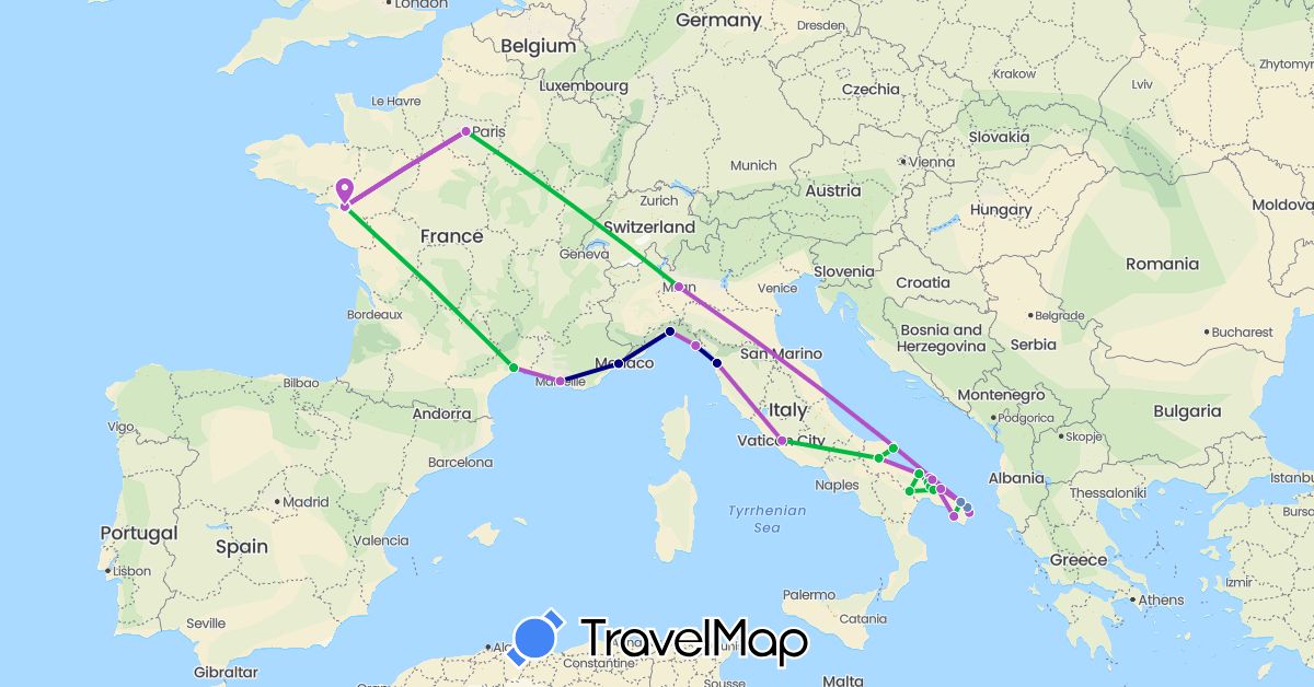 TravelMap itinerary: driving, bus, cycling, train in France, Italy (Europe)