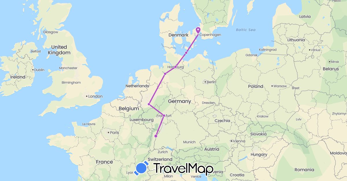 TravelMap itinerary: driving, train in Germany, Denmark, France (Europe)