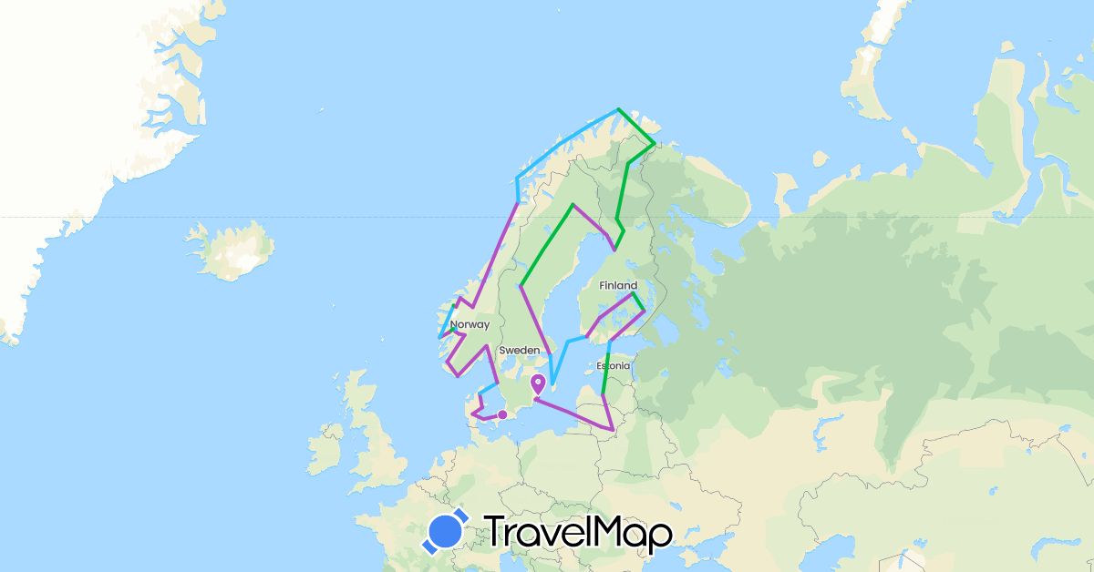 TravelMap itinerary: driving, bus, train, boat in Denmark, Estonia, Finland, Lithuania, Latvia, Norway, Sweden (Europe)