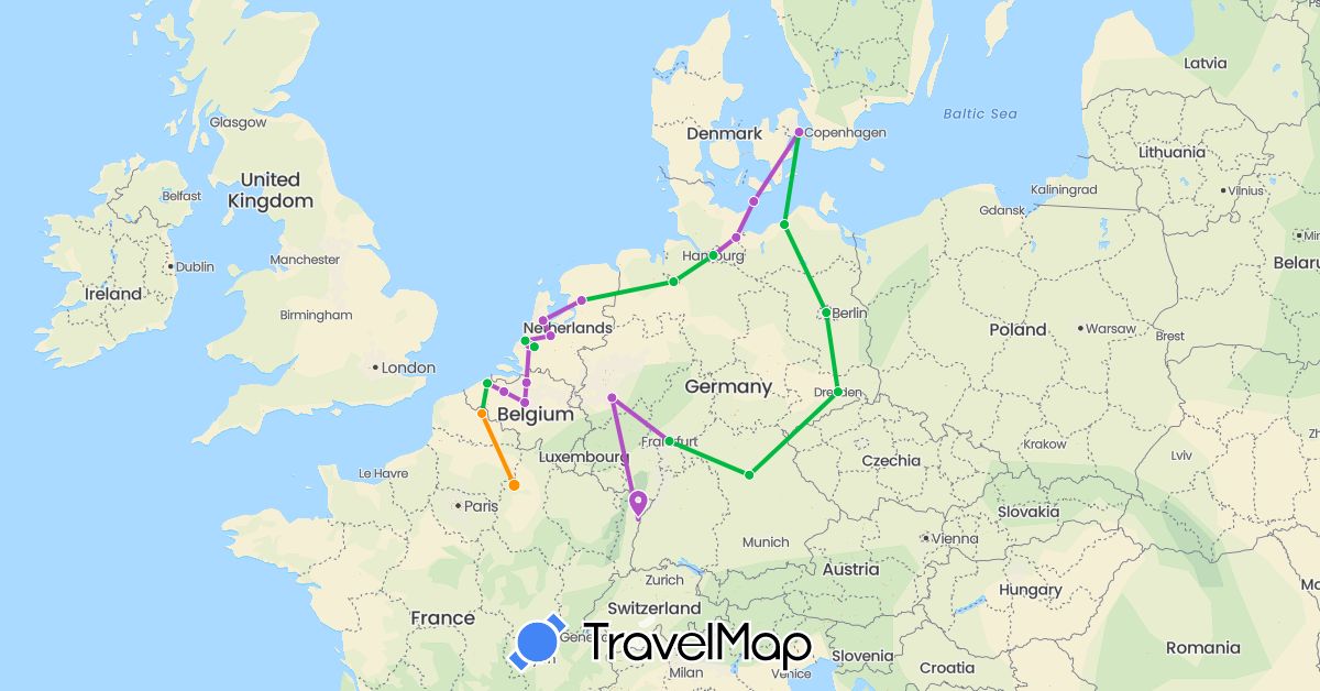 TravelMap itinerary: driving, bus, train, hitchhiking in Belgium, Germany, Denmark, France, Netherlands (Europe)