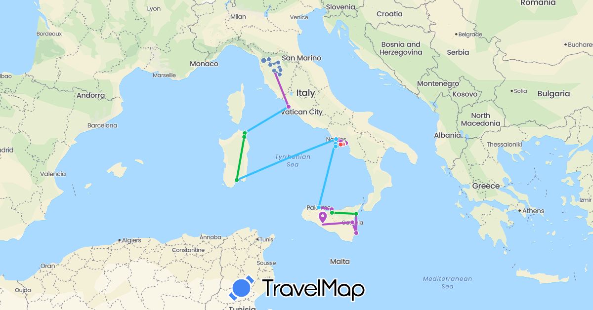 TravelMap itinerary: driving, bus, cycling, train, hiking, boat in Italy (Europe)