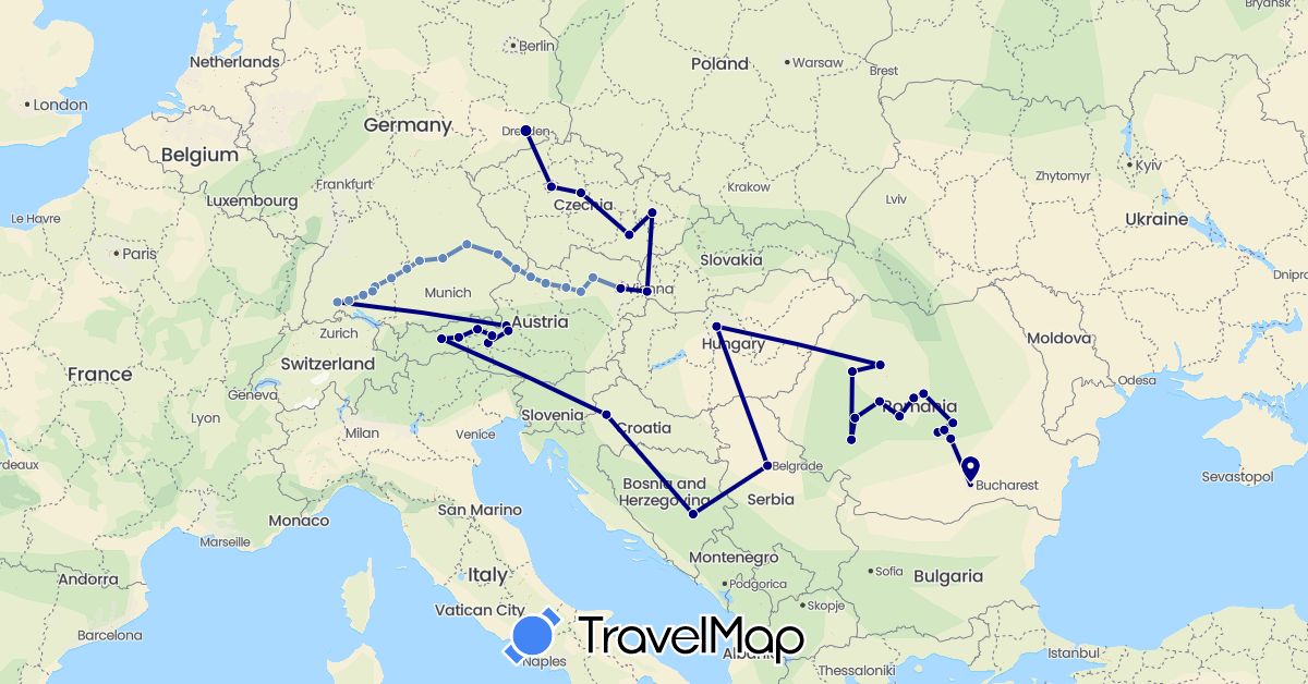 TravelMap itinerary: driving, cycling in Austria, Bosnia and Herzegovina, Czech Republic, Germany, Croatia, Hungary, Romania, Serbia, Slovakia (Europe)