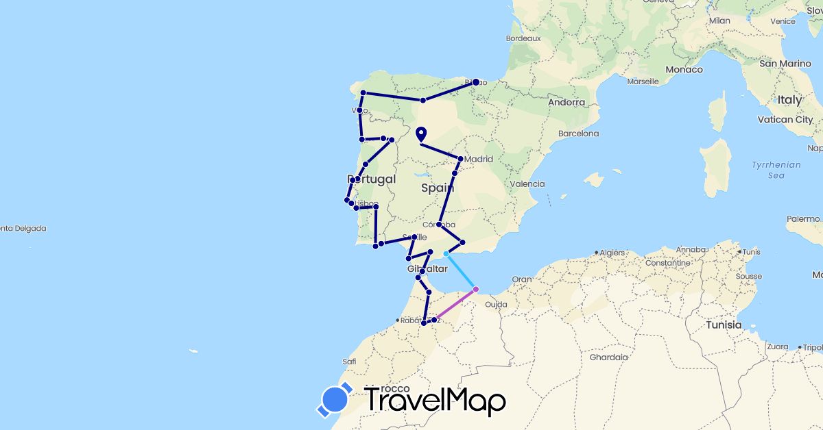 TravelMap itinerary: driving, train, boat in Spain, Morocco, Portugal (Africa, Europe)