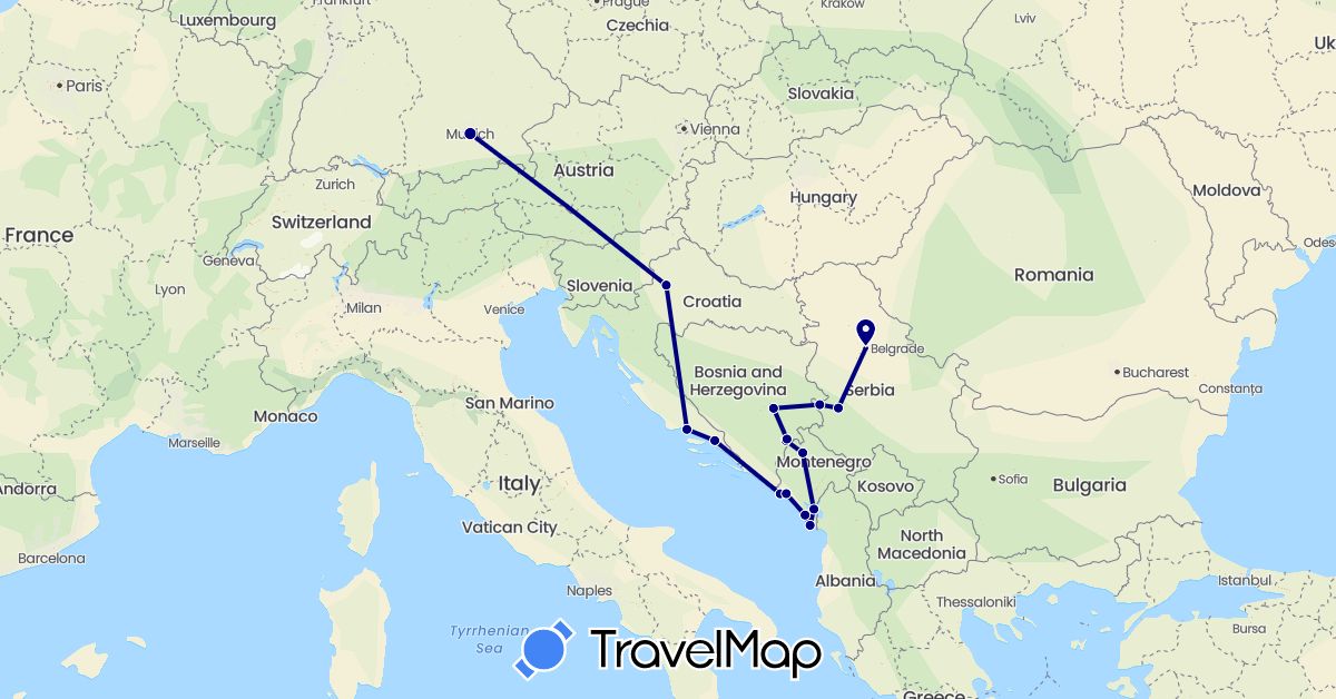 TravelMap itinerary: driving in Bosnia and Herzegovina, Germany, Croatia, Montenegro, Serbia (Europe)