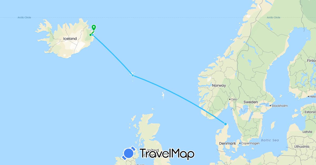 TravelMap itinerary: driving, bus, boat in Denmark, Faroe Islands, Iceland (Europe)