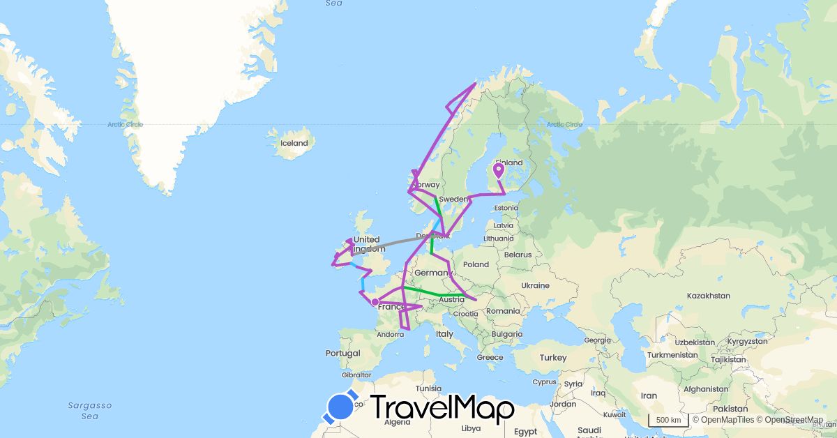 TravelMap itinerary: driving, bus, plane, train, boat in Austria, Switzerland, Czech Republic, Germany, Denmark, Finland, France, United Kingdom, Hungary, Ireland, Netherlands, Norway, Sweden, Slovakia (Europe)