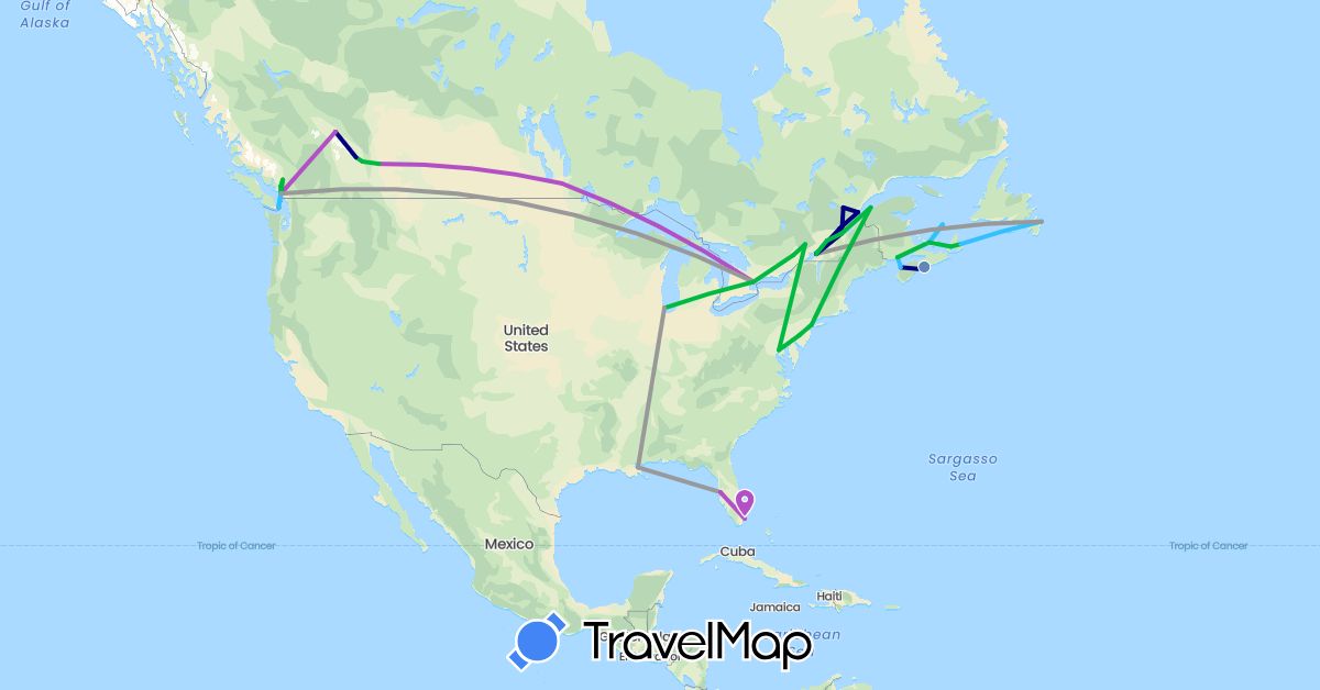 TravelMap itinerary: driving, bus, plane, cycling, train, boat in Canada, United States (North America)