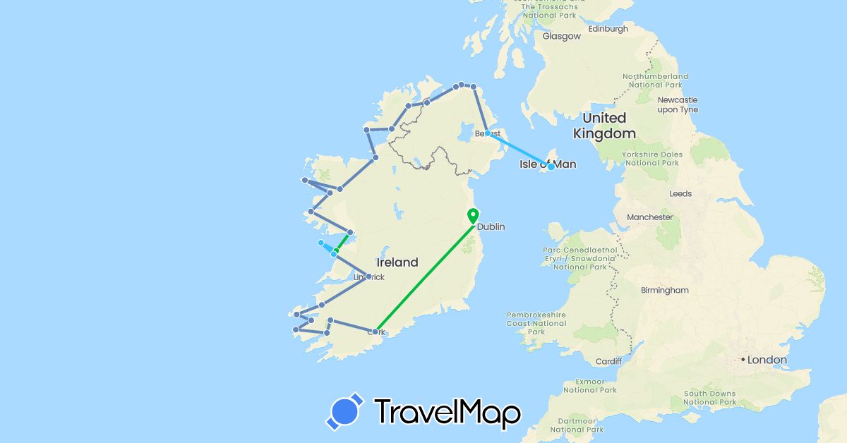 TravelMap itinerary: bus, cycling, boat in United Kingdom, Ireland, Isle of Man (Europe)