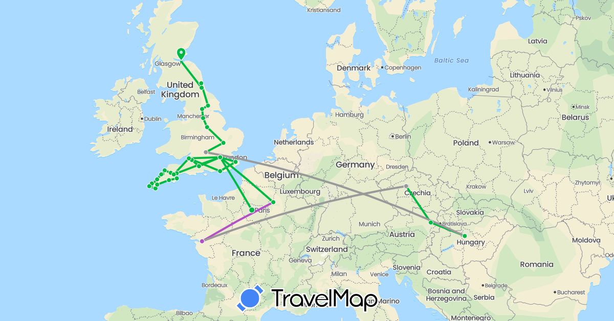 TravelMap itinerary: bus, plane, train in Austria, Czech Republic, France, United Kingdom, Hungary (Europe)